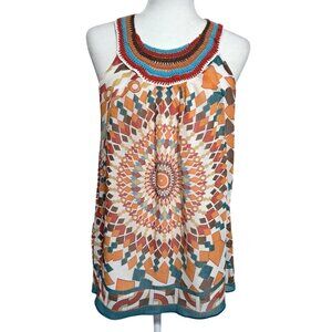 Ny Collection Boho Crochet Trim Geometric Madala Tank Top Sz M